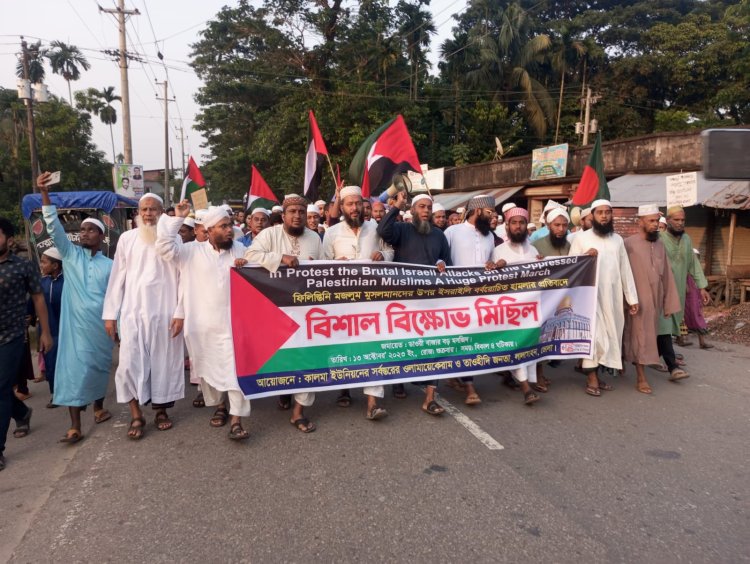 ফিলিস্তিনিদের সমর্থন জানিয়ে লালমোহনে বিক্ষোভ মিছিল