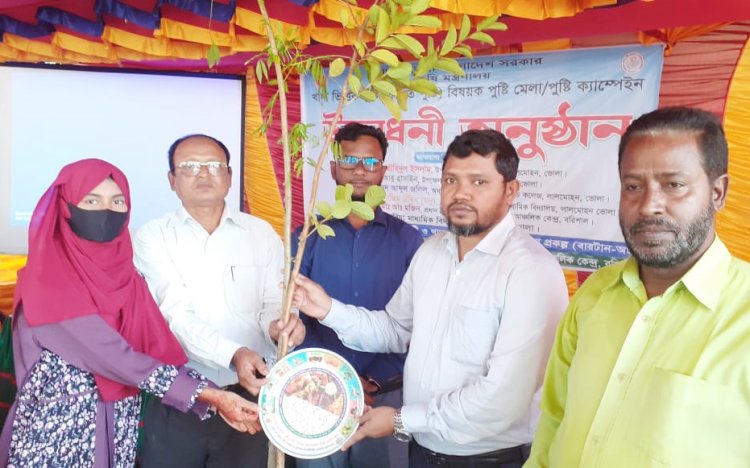 লালমোহনে পুষ্টি মেলায় ১৮০ শিক্ষার্থী উপহার পেল গাছের চারা ও পুষ্টি প্লেট